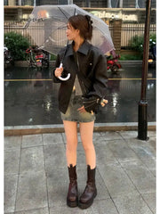Ingvn - 2023 Autumn Vintage Leather Jackets Women Outwear Casual Long Sleeve Loose Korean Coats Office Lady Y2k Clothing Chic