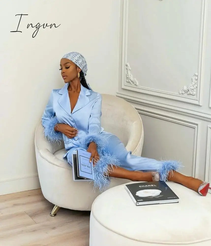 Ingvn - 2 Piece Sets Outfits Feather Long Sleeve Blouse Top Shirts And Pants Women Tracksuits Y2K Elegant Casual Party Sexy 2023