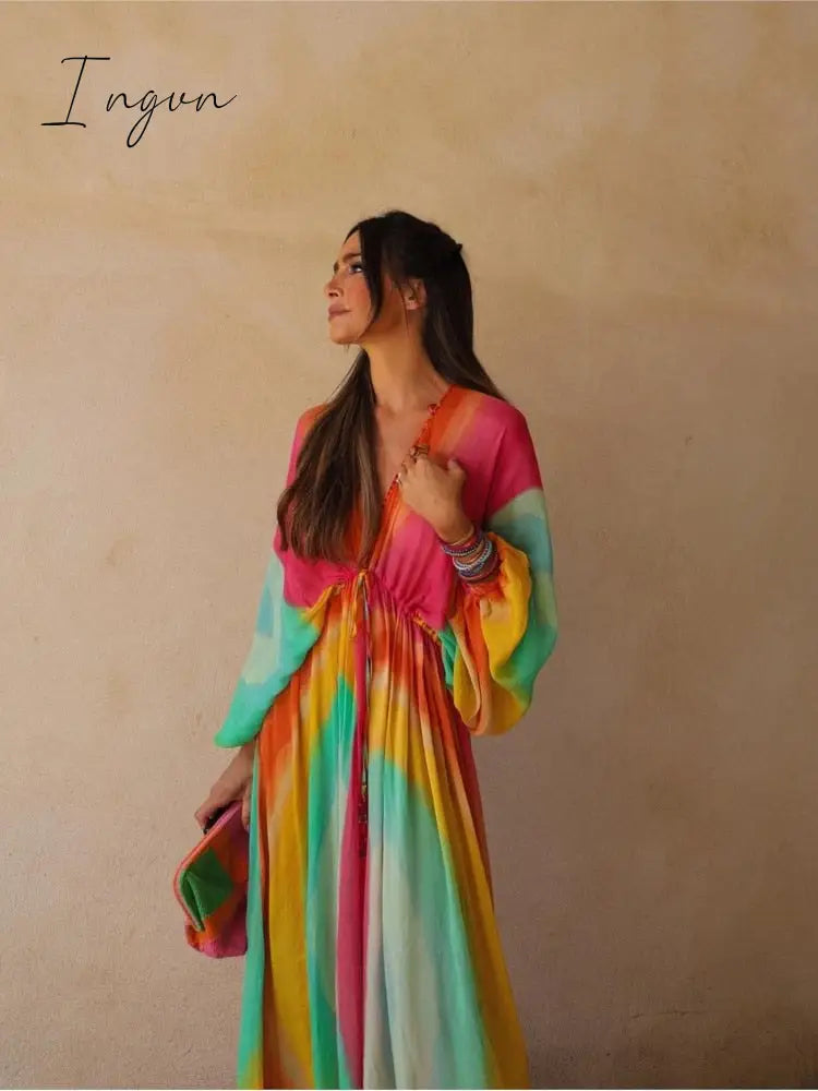 Ingvn - Tie-dye Print Colorful Batwing Sleeve Women Long Dress V-neck Lace Up Elastic High Waist Vestidos Summer Party Streetwear Robes