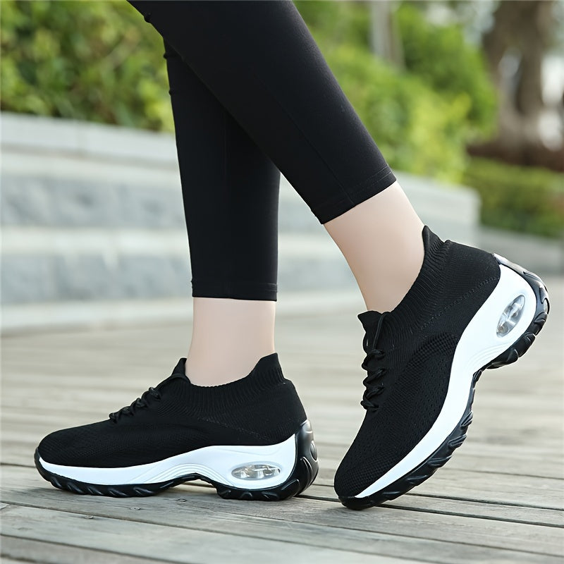Ultra-Comfortable Women's Road Running Shoes - Breathable Knit Sneakers with Thick Air Cushion Sole, Easy-Tie Laces for Running and Business Casual - Perfect for Fitness Enthusiasts and Busy Professionals