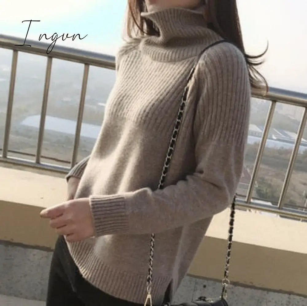 Ingvn - Ladies Sweater 2023 New In High Collar Autumn/Winter Women's Pullovers Sweater Solid Color Loose Women's Winter Blouse Jumpers
