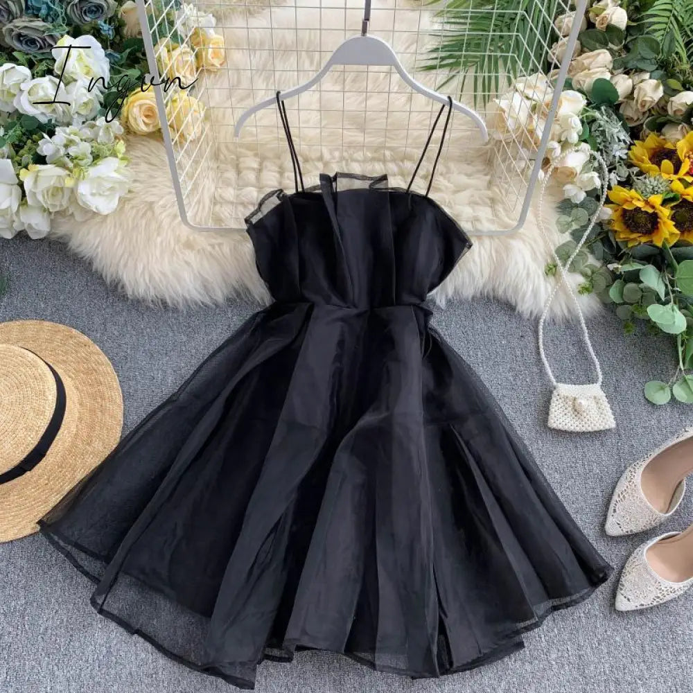 Ingvn - Spring Outfits Summer Spaghetti Strap High Waist Sleeveless Mini Chiffon Elegant Women Lady Female Dress