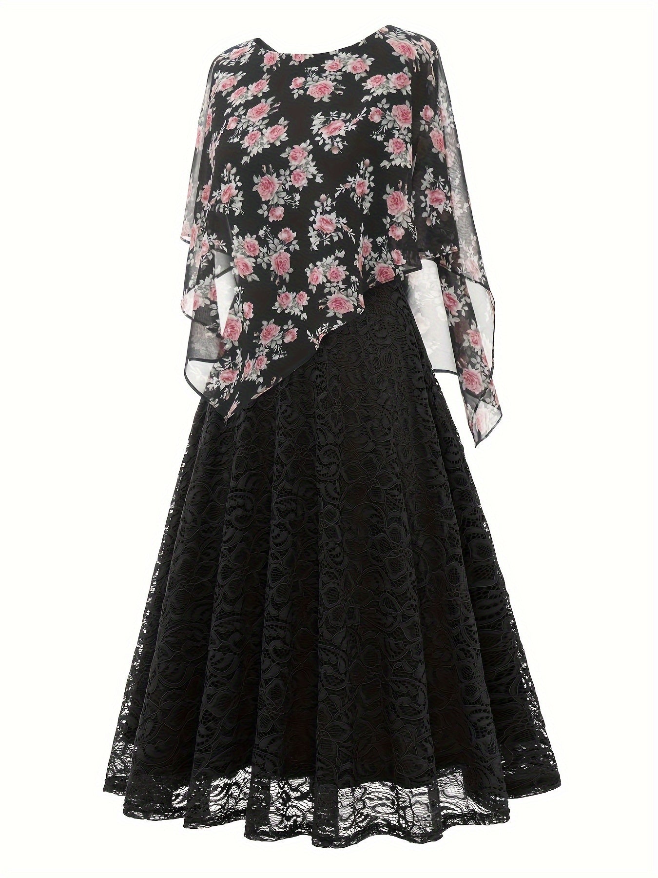 Solid Lace Chiffon Maxi Dress, Elegant Short Sleeve Dress For Wedding Party, Women's Clothing