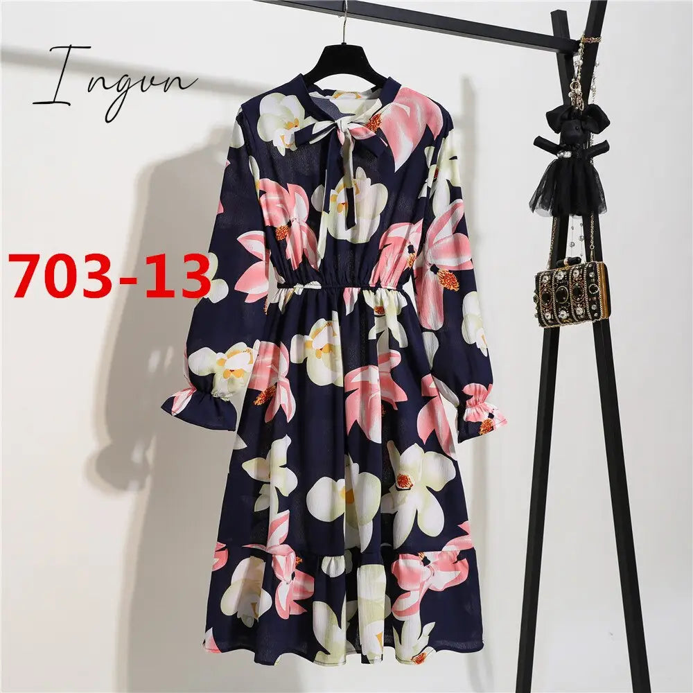 Ingvn - 11 Style Beautiful Fashion Summer Women Long Sleeve Dress Retro Collar Casual High Waist Dresses Floral Print Chiffon Clothing