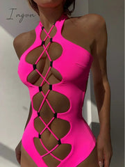 Ingvn - 2023 Sexy Solid Color Halter One Piece Swimsuit Women Push Up Hollow Out Bikini Swimwear Female Cross Bandage Bathing Suit Biquini