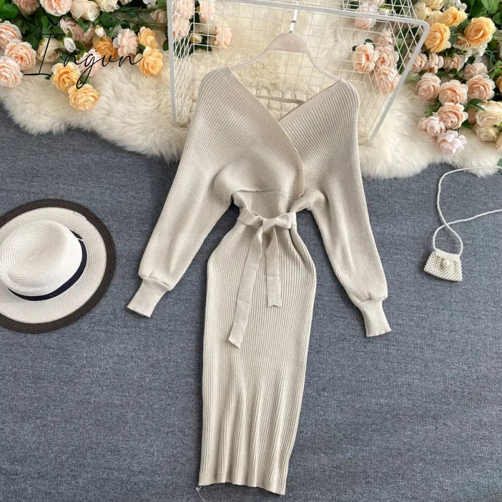 Ingvn - Women Shiny Knitted Dress Sexy V Neck Puff Sleeve Elastic Sheath Knitting Dress Autumn Solid Bow Sashes Pencil Dress