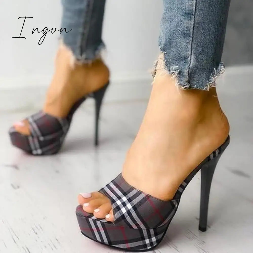 Ingvn - Women's Peep Toe Plaid Slip-on Stilettos Thin Heels