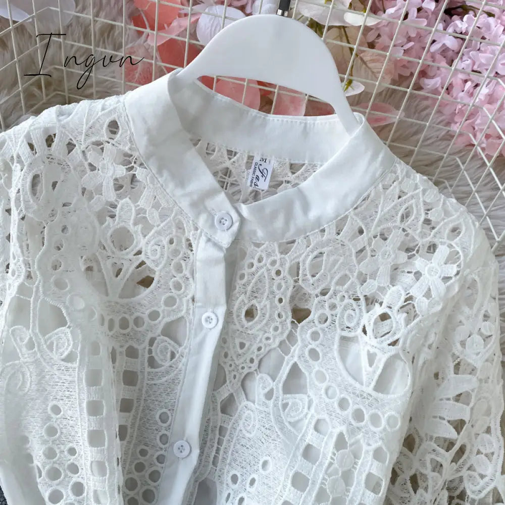 Ingvn - Women Elegant Hollow Out Lace Dress Office Lady Summer Solid O-Neck Button up Sashes Midi Dress Female Chic Short Sleeve Dress