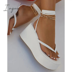 Ingvn - Ankle Chain Lace-Up Thong Entry Wedge Platform Sandals