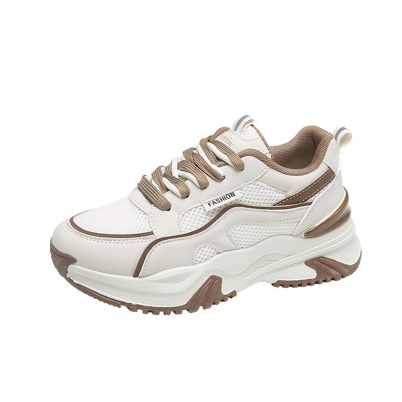 Women's Fashion Contrasting Sneakers, Casual Sports Shoes, Breathable Chunky Sole Lace-Up Design
