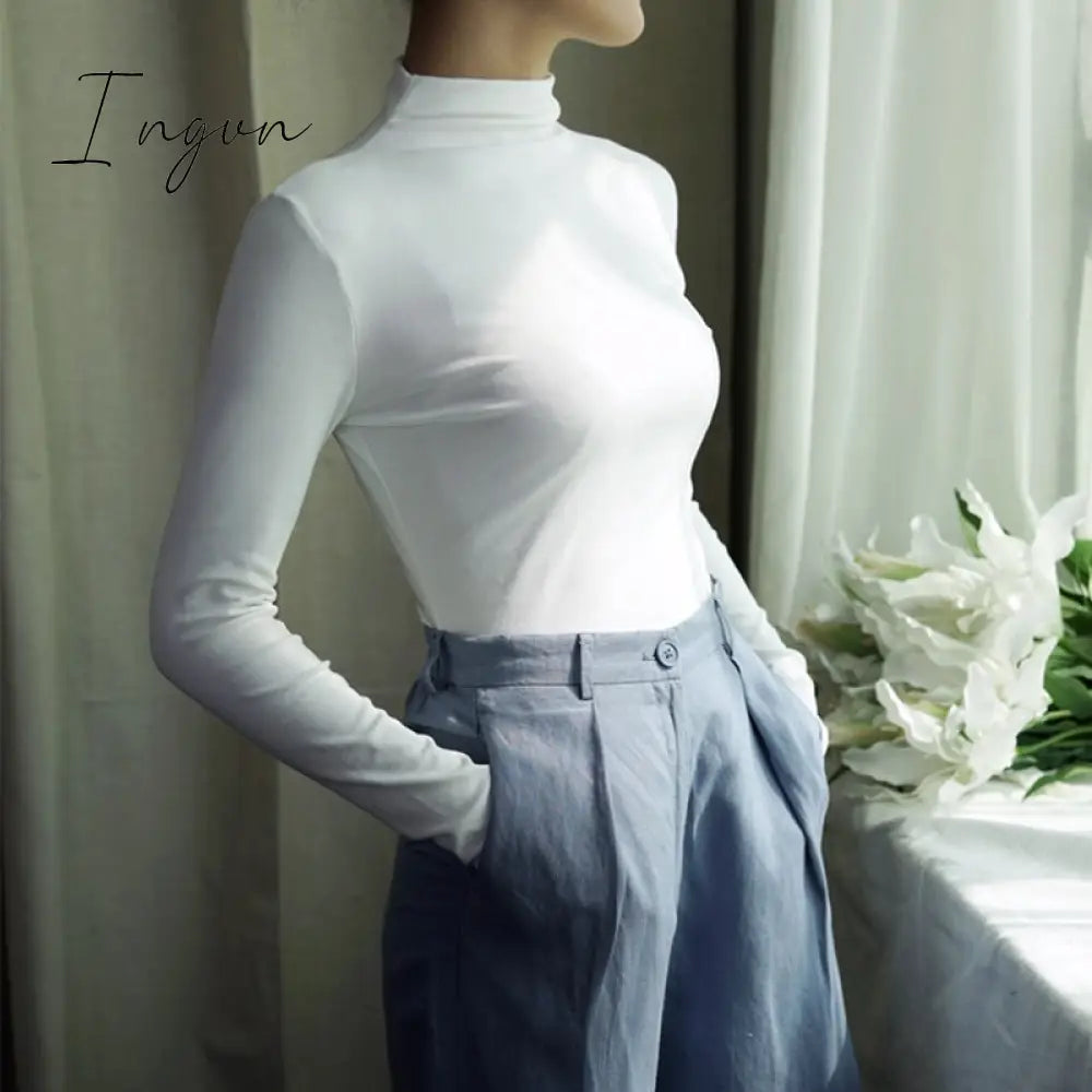 Ingvn - harajuku Solid Bottoming t Shirt Women Spring Autumn Tee Shirts Korean Turtleneck Slim Long Sleeve Black White T-shirts 90s tops