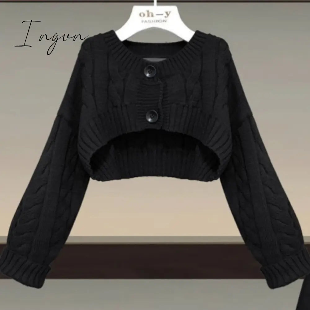 Ingvn - Fall Winter Two Piece Sets Women Outfits Korean Casual Long Sleeve Twist Knitted Short Sweater And Straped High Waist Dress Sets