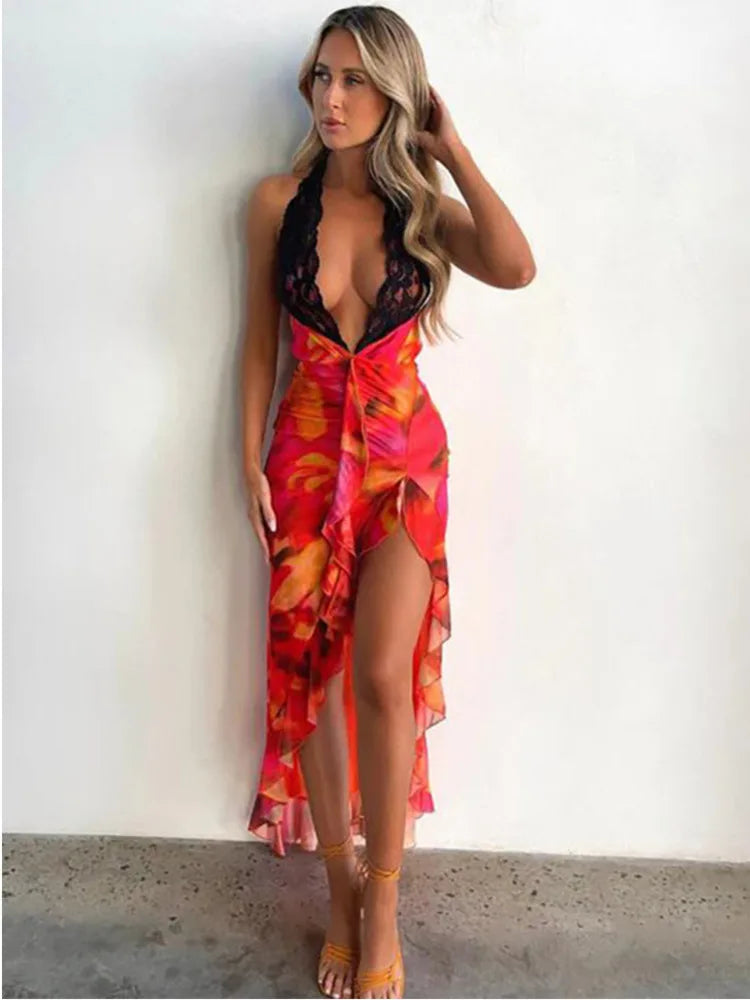 Sexy Sleeveless Lace Patchwork Irregular Split Dress For Women Summer Ruffle Edge Hanging Neck Long Dress Holiday