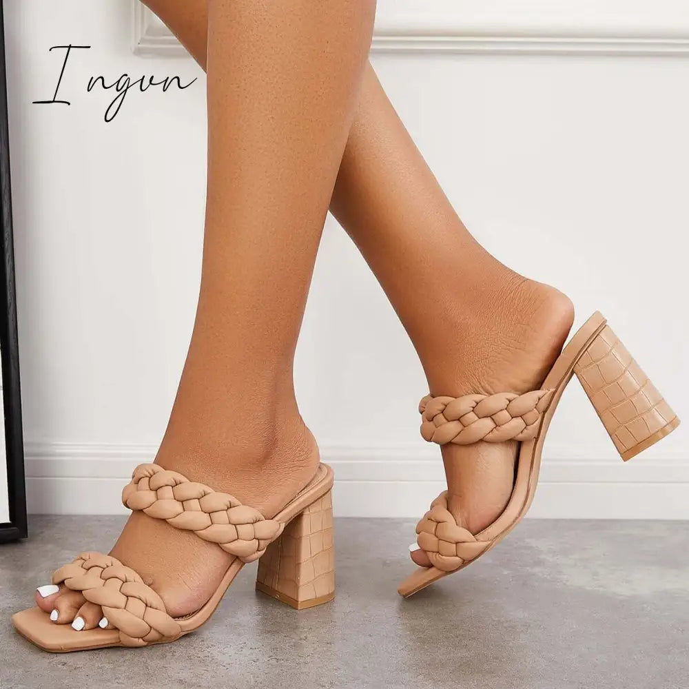 Ingvn - Square Toe Block High Heels Backless Slip on Mule Sandals