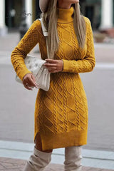 Ingvn - Elegant Solid Slit Weave Turtleneck Long Sleeve Dresses