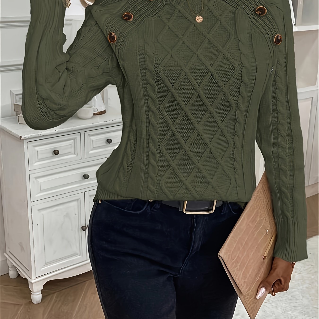 Solid Cable Knit Sweater, Casual Crew Neck Long Sleeve Sweater, Women's Clothing