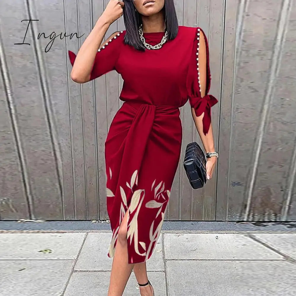 Ingvn - Vintage Print Elegant Women Folds Slim Dress Casual Hollow Out Patchwork Half Sleeve Dress Female Summer Round Neck Party Dress