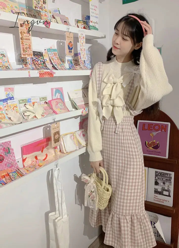 Ingvn - Spring Japanese Kawaii Plaid Strap Skirts Women Sweet Bow Designer Party Midi Skirt Female Casual Korean Fashion Cute Skirt