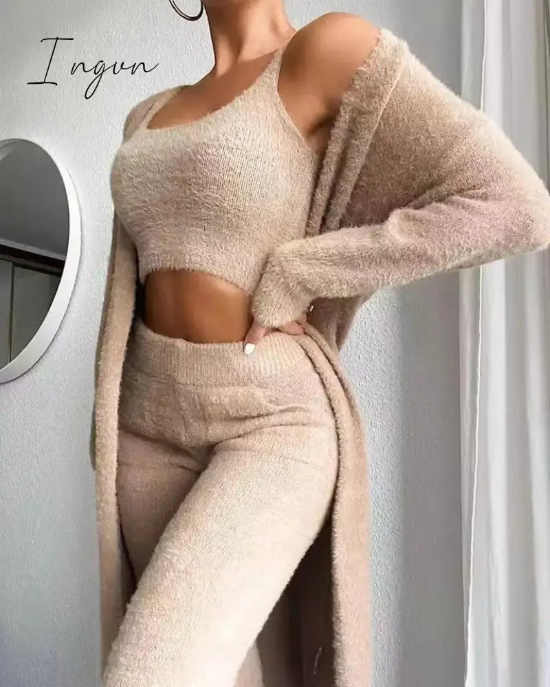 Ingvn - Brand quality Autumn Winter Fur 3 Piece Outfits Sexy Backless Crop Tops Women  Lingerie Home Service Lounge Wear Sets Tracksuit Fleece Pyjamas