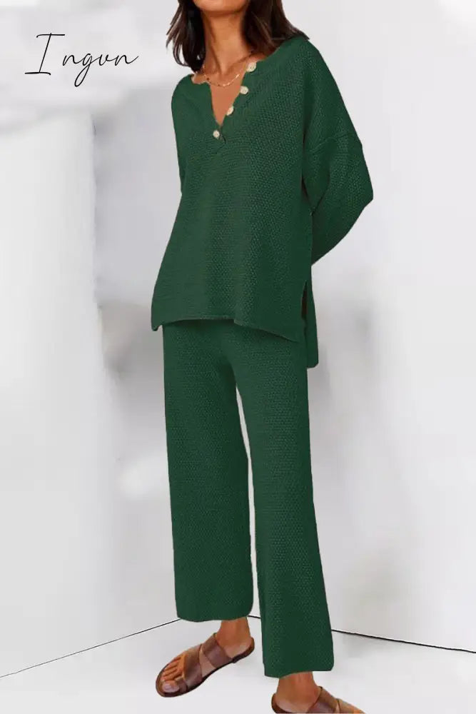 Ingvn - Simplicity Solid Buttons O Neck Long Sleeve Two Pieces