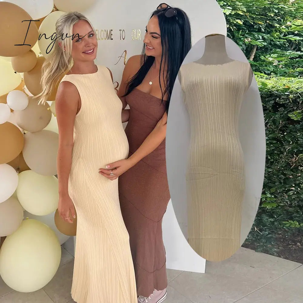 Ingvn - Green Knitted Dress for Women 2023 Summer Sexy O-Neck Sleeveless Split Elegant Maxi Dress Club Party Outfits Casual Long Dress