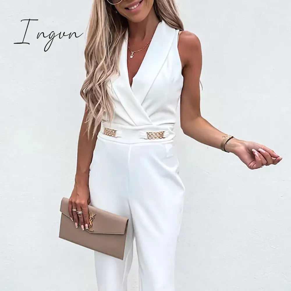 Ingvn - New Solid Casual Women Summer Jumpsuits V-Neck Lace-Up Sleeveless Wide Leg Pants Button Ladies Bodysuits Streetwear