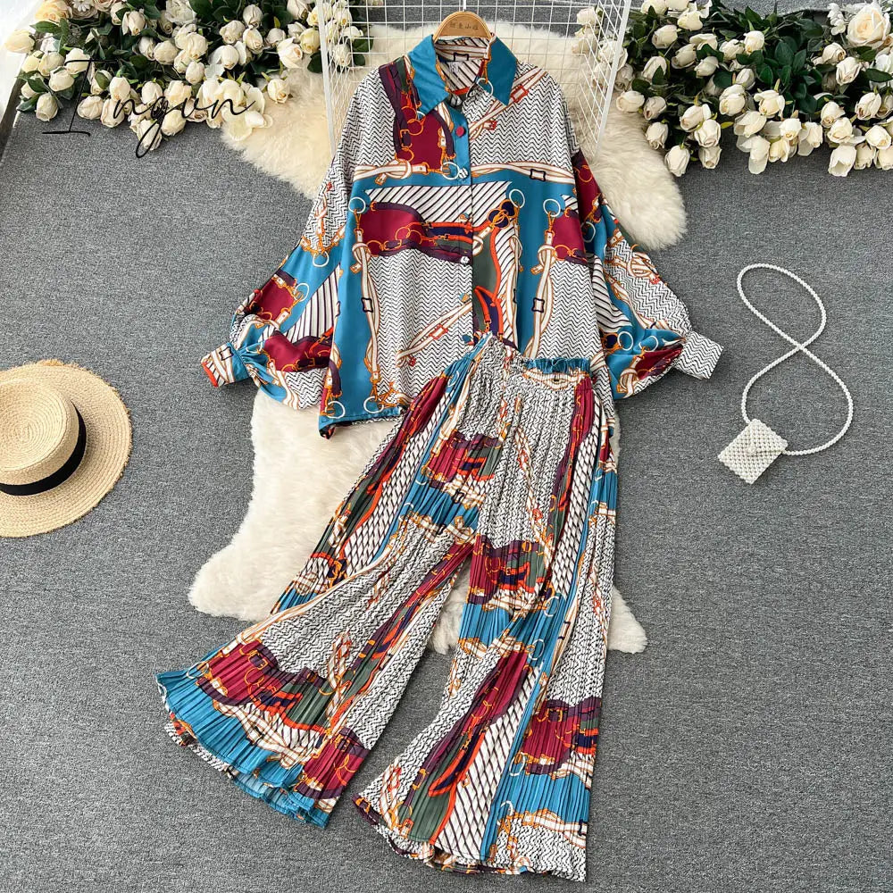 Ingvn - Women's Dress Spring Retro Print Casual Set Design Batwing Sleeve Single Breasted Blouse+High Waist Long Pants Two Piece Suits