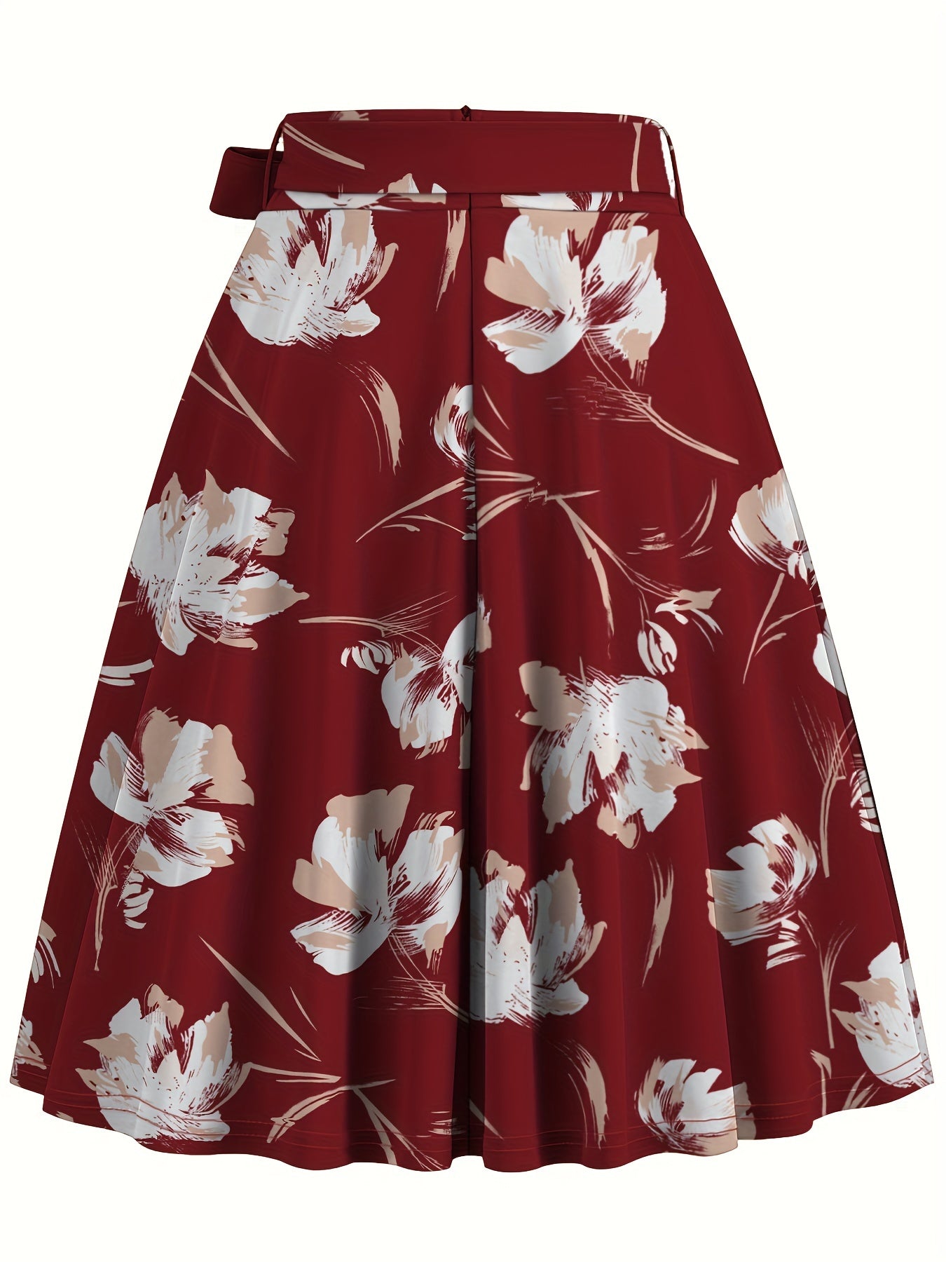 Floral Print High Waist Skirt, Elegant Belted Flared Midi Skirt, Women's Clothing