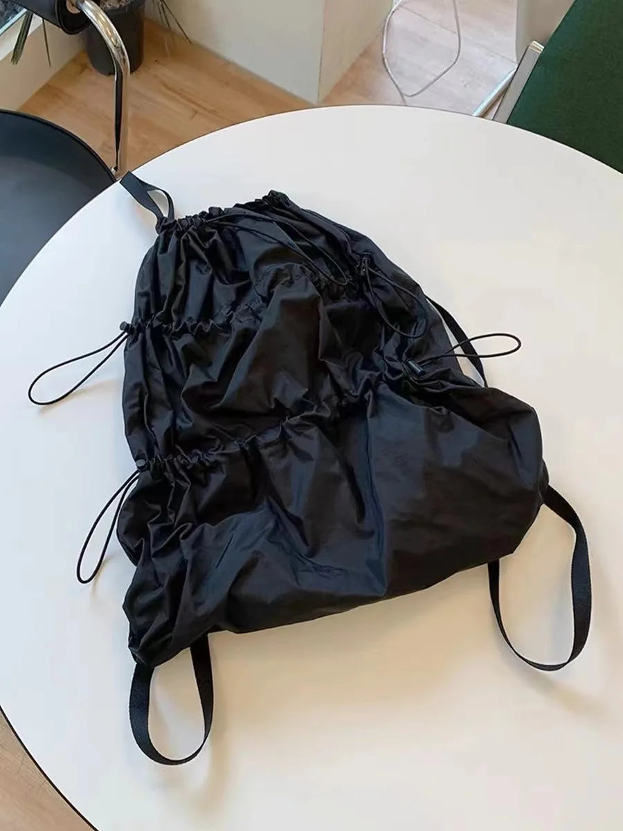 Ingvn  White Drawstring Backpack for Women  Korean Lazy Style Drawstring Backpack, Lightweight Nylon Water-repellent Backpack