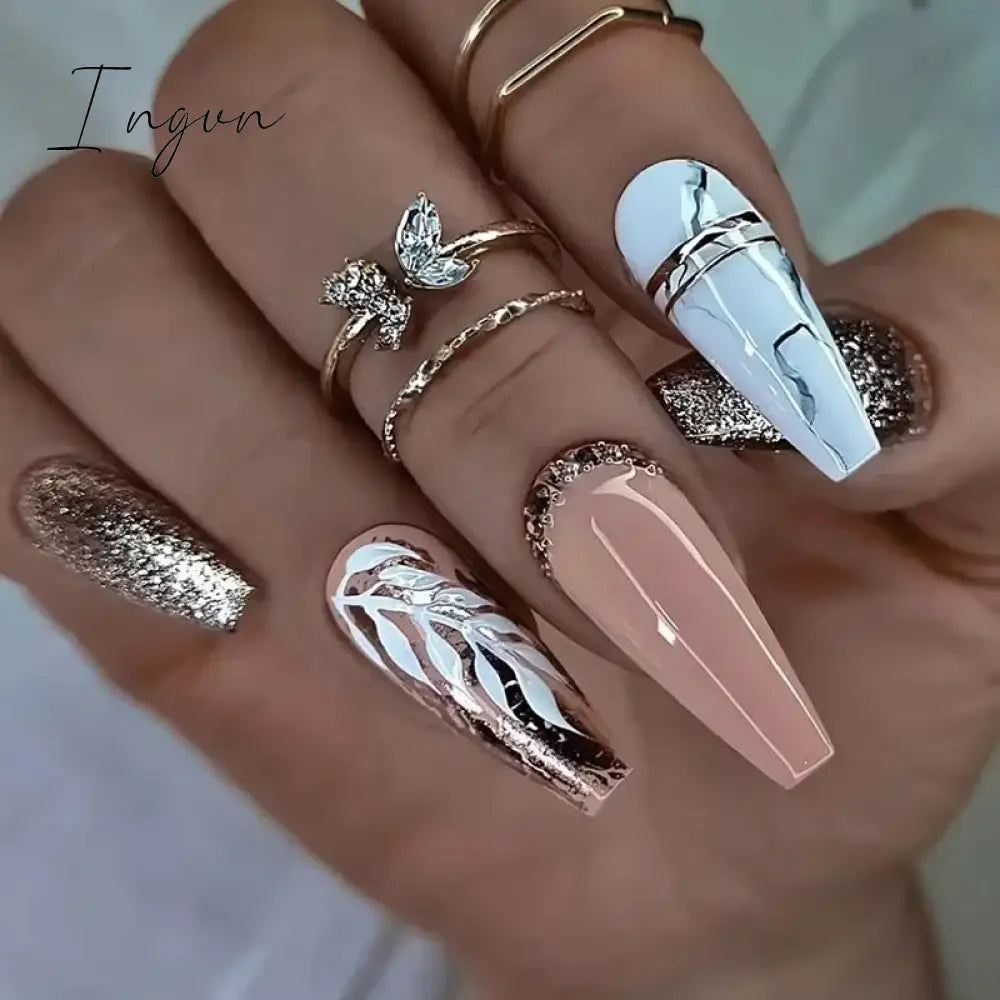 24pcs Artifical Bails With Glue Fake Nail Tips With Design Detachable Press On Nails Long Fake Nail Finished Nail Piece Sticker