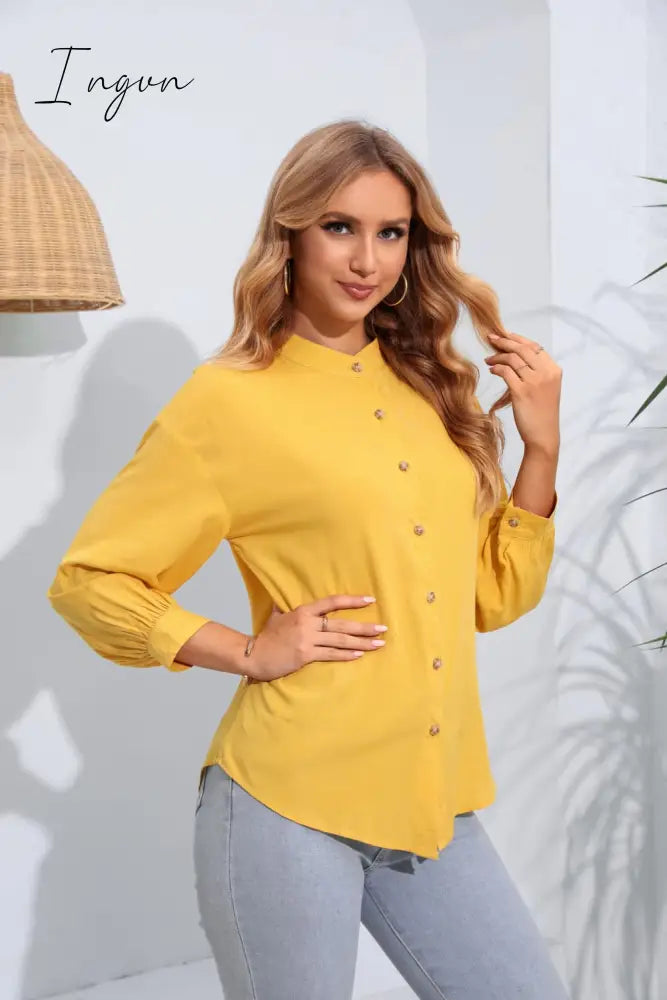 Ingvn - Mock Neck Buttoned Long Sleeve Shirt
