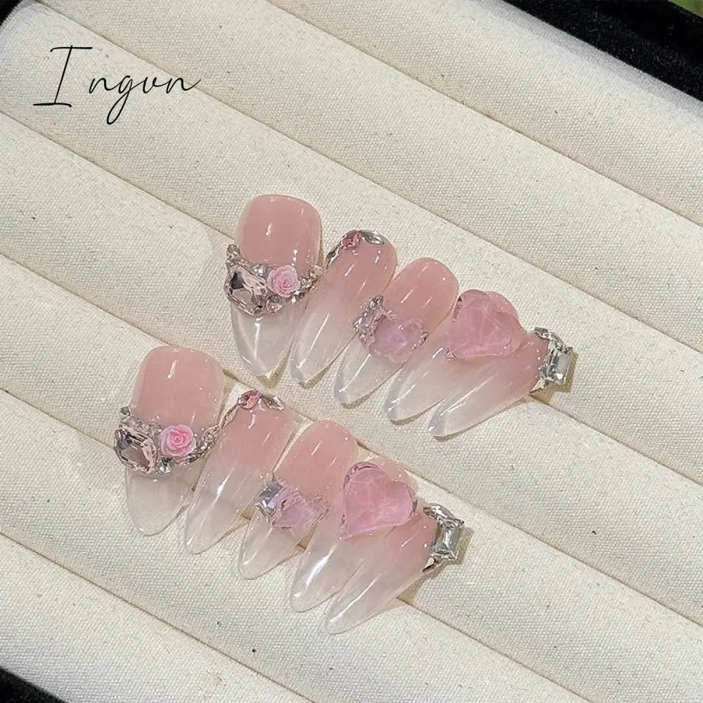 10Pcs Handmade Nails Set Press on Long Almond False Nail with Rhinestone Pink Camellia Design Reusable Full Cover Fake Nail Tips