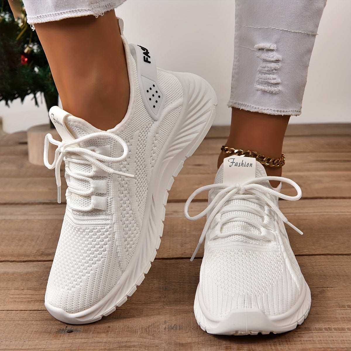 Women's Knitted Sports Shoes, Lightweight Lace Up Low Top Running & Tennis Sneakers, Breathable Gym Trainers for Holiday  Plus Size