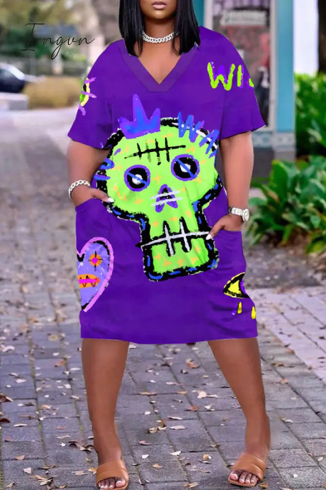 Ingvn - Dark Blue Yellow Casual Print Basic V Neck Short Sleeve Dress