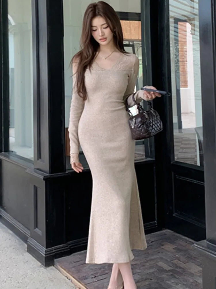 Autumn Lace Patchwork Womens Dresses Elegant V-Neck Bodycon Evening Party Mermaid Dress Slim Waist Midi Vestidos Female Clothing