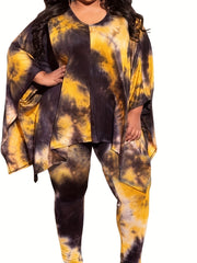 Plus Size Casual Outfits Two Piece Set, Women's Plus Leopard Print Bat Sleeve Round Neck Oversized Top & Pants Outfits 2 Piece Set