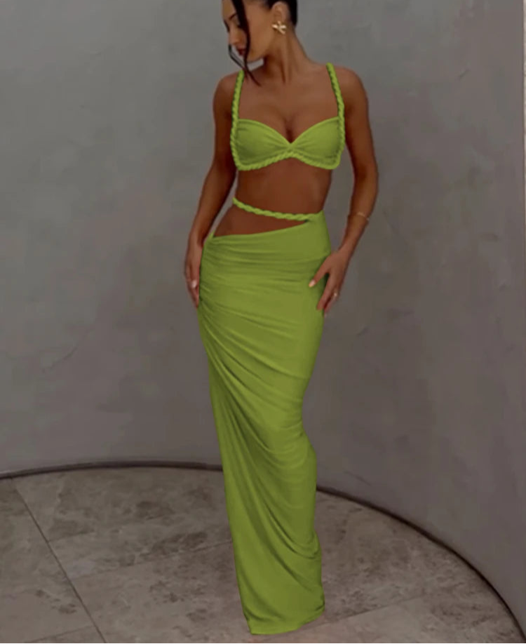 Woven Sexy Women 2 Piece Set Stunning Hot Solid Pleated Crop Camisoles+High Waist Maxi Skirts Female Trend Vacation Outfit