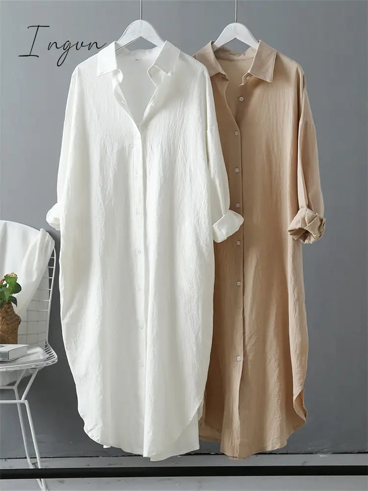 Ingvn - Long Sleeve Women Long Shirt Dress Spring Autumn Casual Buttons Loose Clothes Robe Femme Vestido