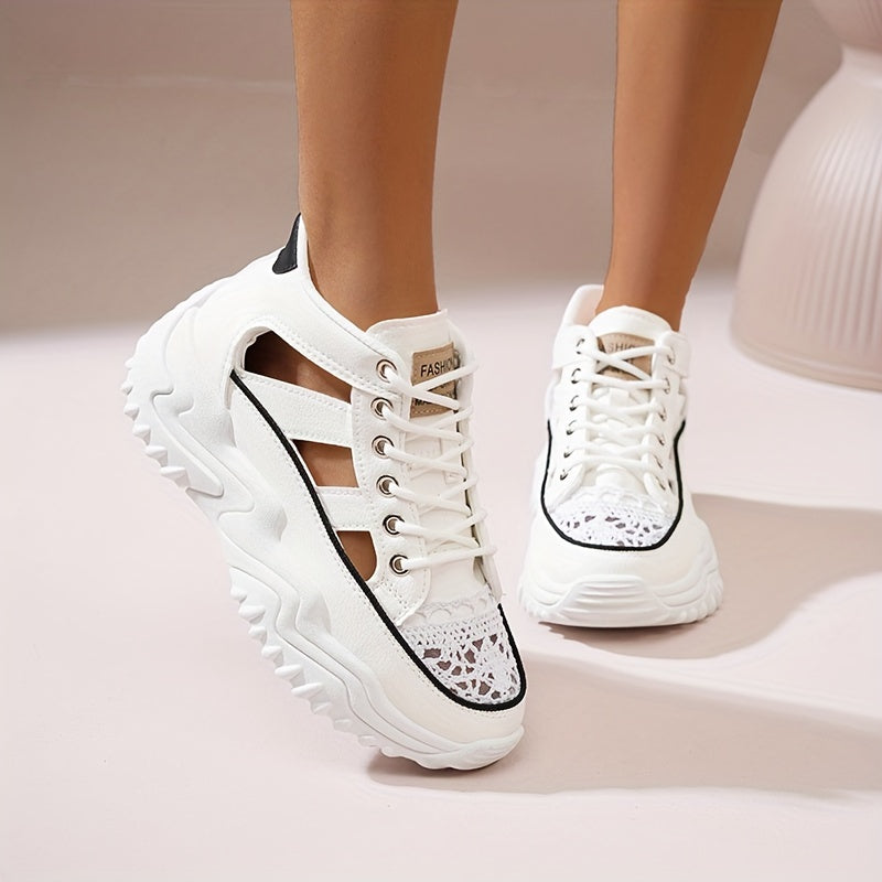 Fashionable Womens Platform Sneakers - Breathable Hollow Out Design - Lightweight Summer Shoes for Stylish Outdoor Adventures - Versatile Lace-Up High Tops for All-Day Comfort