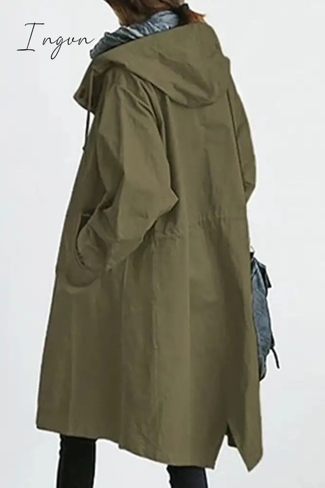 Ingvn - British Style Solid Pocket Buttons Hooded Collar Outerwear