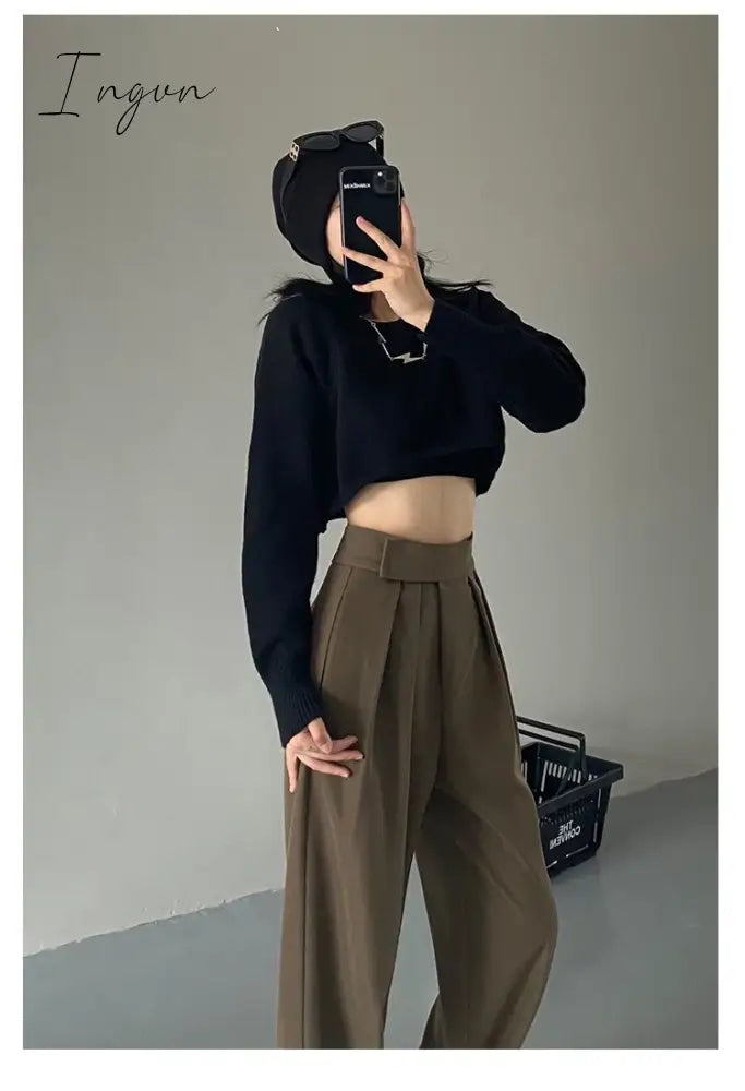 Ingvn - Brown Wide Leg Women's Classic Suit Pants Vintage Palazzo Office Elegant Casual Balck Trousers Female High Wasit Pants