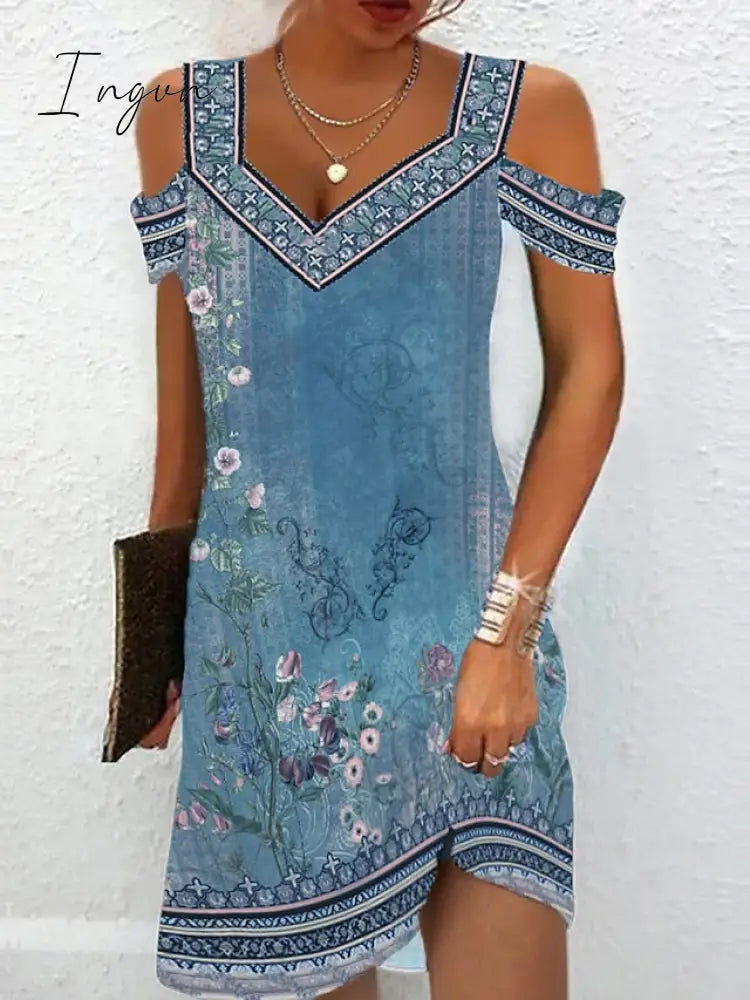 Ingvn - Women's Casual Dress Ethnic Dress Summer Dress Floral Tribal Cut Out Print V Neck Mini Dress Active Fashion Outdoor Daily Short Sleeve Regular Fit Red Blue Green Summer Spring S M L XL XXL
