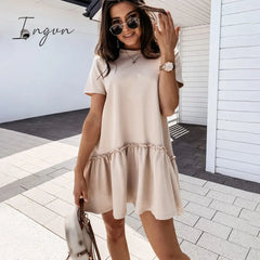 Ingvn - Fashion Trends Loose Casual Short Sleeve Mini Dress Women Summer O-neck White Black Ruffles Big Hem Beach Dresses For Woman Femme Robe
