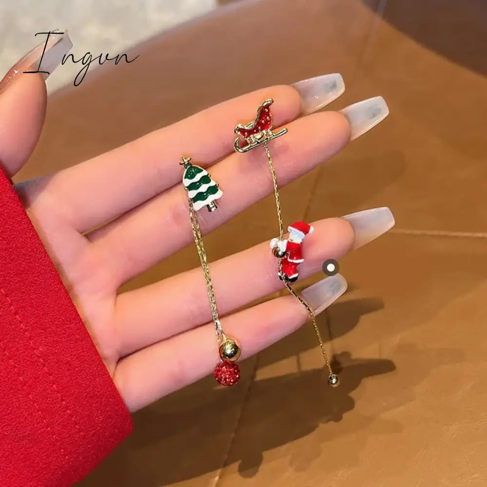 Moving Santa Claus Tassel Dangle Earrings For Women Christmas Tree Snowflake Asymmetric Long Chain Earring New Year Jewelry Gift