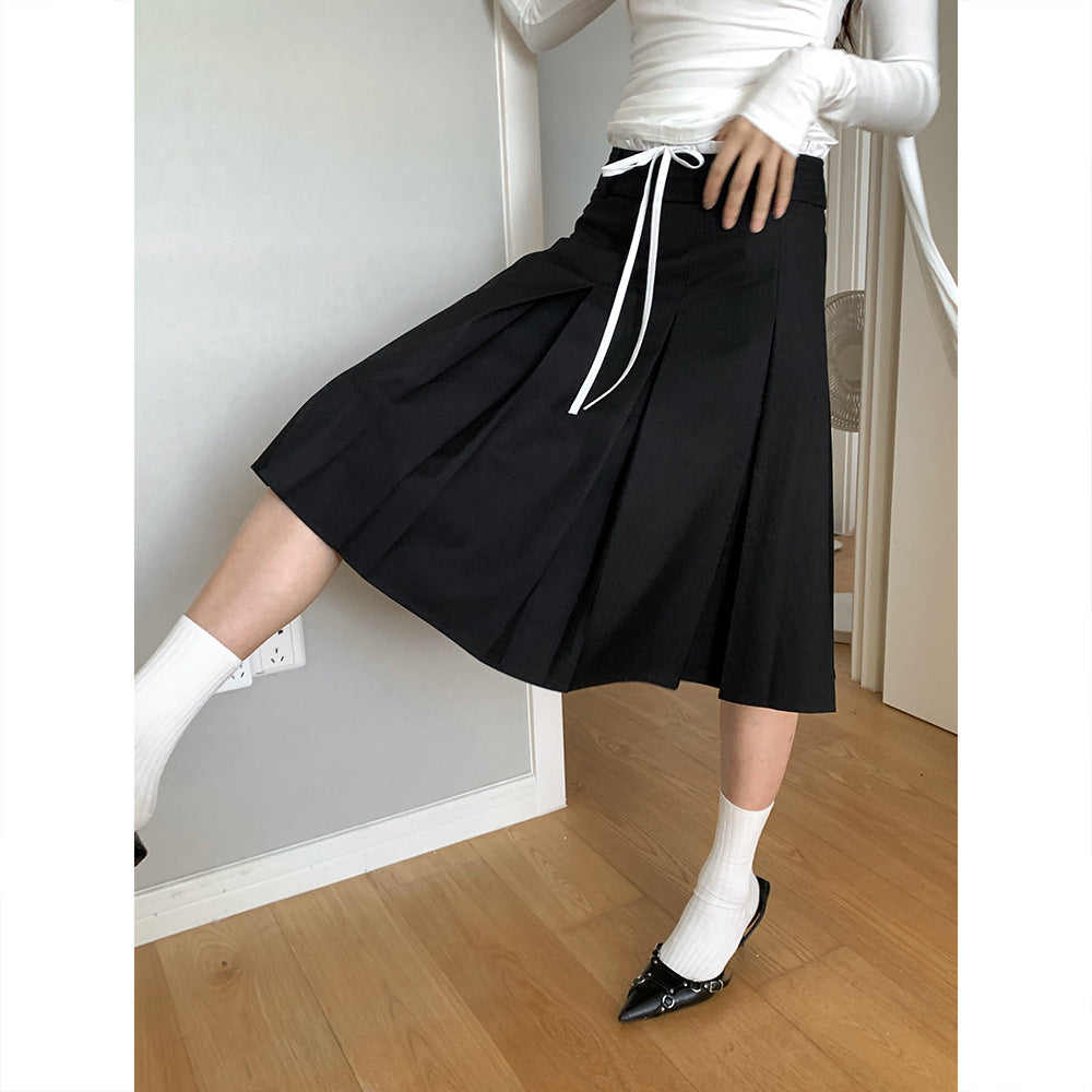 Casual Korean Contrast Color Drawstring Skirt Women's Autumn Mid-Length A-Line High Waist Slim Pleated Skirt Women