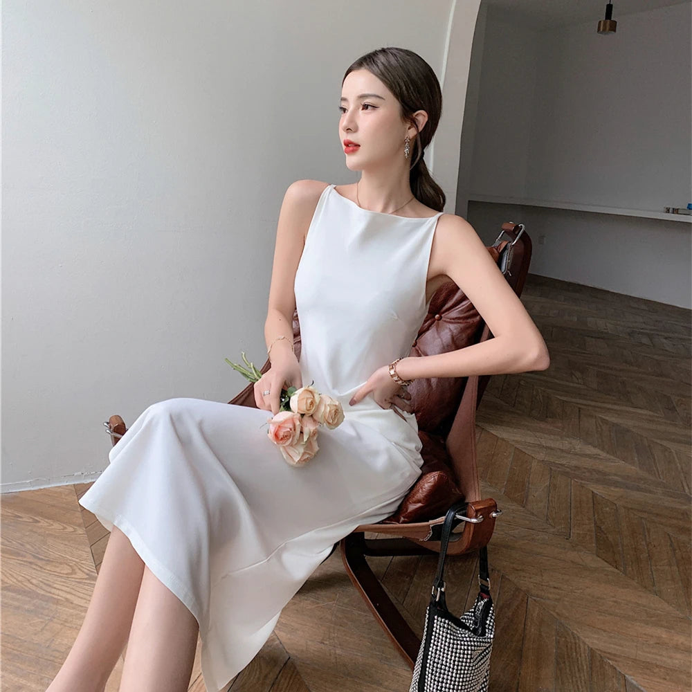 Elegant Evening Party Bodycon Midi Dress for Women Summer New Vintage Fashion Sleeveless Spaghetti Strap Casual Female Clothing