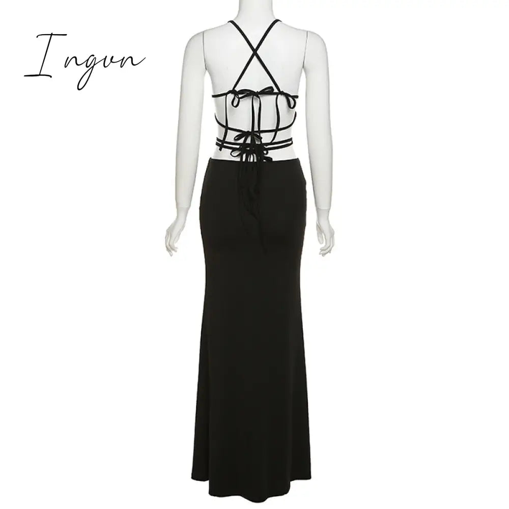 Ingvn - Sexy Bandage Hollow Out Slip Maxi Dress for Women Party Club Elegant Outfits Summer Holiday Backless Dresses Slim