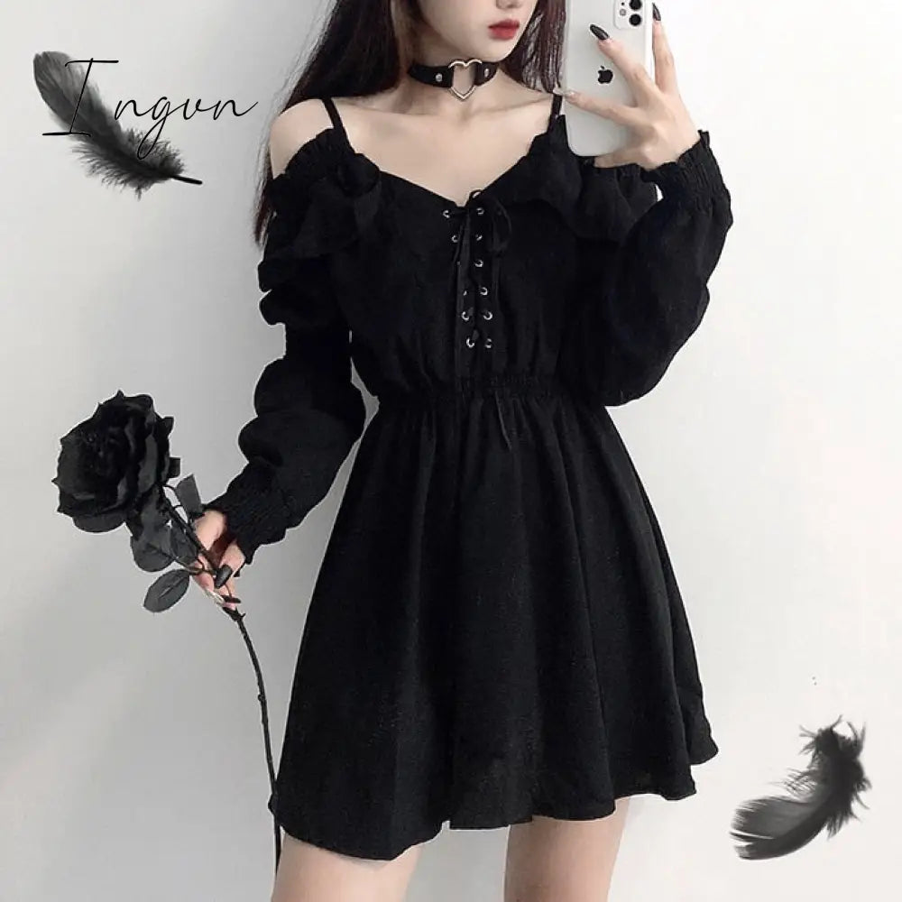 Ingvn - Women dress demon girl original black spring and autumn sexy high waist femme dress shoulder long sleeve gothic dress A085