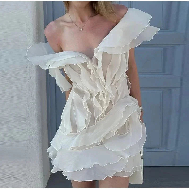 Elegent Layered Ruffle Edge Mini Dresses Women Sexy Boat Neck Sleeveless Backless Solid Dress Summer Lady Vacation Vestidos