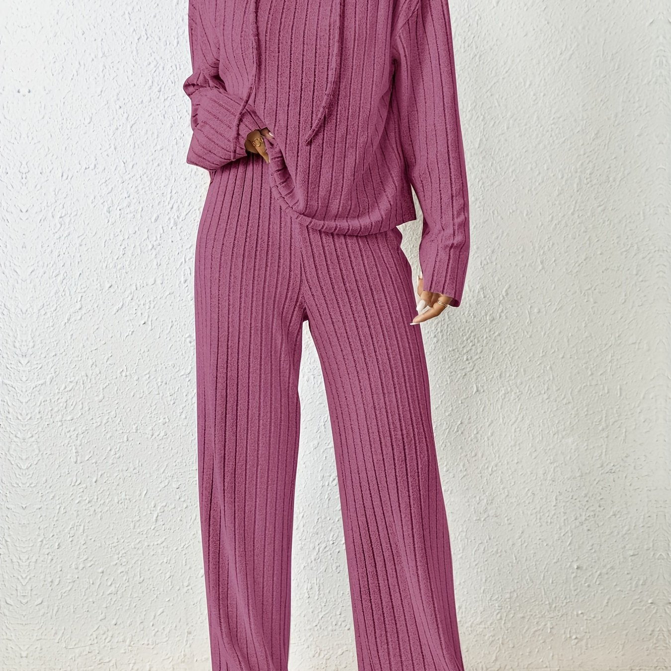 Cozy Womens Two-piece Knit Set - Soft Hoodie with Drawstring & Wide Leg Pants - Effortless Chic Casual Outfit - Comfortable Solid Color Clothing